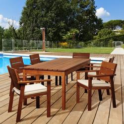 Highland Dunes Turbeville International Home Outdoor 7 Piece Dining Set w/ Cushions Wood in Brown/White | 30 H x 82.5 W x 33.5 D in | Wayfair