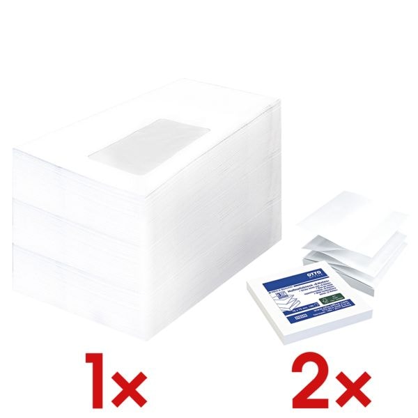 OTTO Office Briefumschläge DL mit Fenster und Selbstklebung - 1000 Stück inkl. 2x Haftnotizb weiß, 22x11 cm Image