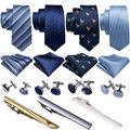 Barry.Wang Blue Ties,Gift for Men Silk Necktie Set Pocket Square Clips