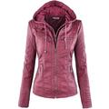 Newbestyle Faux Leather Jacket for Women Hooded Moto Biker Jacket Zip-Up Pleated Jacket Casual Coat Tops Vivid Burgundy S