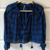 Free People Tops | Brand New Free People Black Plaid Flowy Top | Color: Black/Blue | Size: Xs
