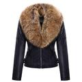 Geschallino Women's PU Faux Leather Jacket with Detachable Faux Fur Collar, Fashion Moto Short Coat, 2 Zippered Pockets, for Winter and Autumn, Brown Fur, XXL