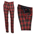 Men's Classic Retro Sta Press Slim Fit Flat Fronted Red Black Green Stewart Tartan Golf Trousers 60s 70s Mod Pants (38" Waist)