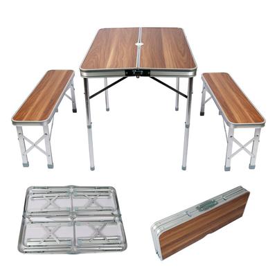 Aluminium Koffertisch mit zwei Bänken Holzdesign 90x66x70 cm klappbar Campingtisch Sitzgruppe