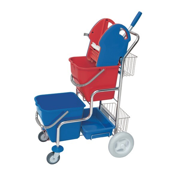 CleanSV® SPL verchromter Putzwagen mit Moppresse, 2 Körben und 2 Plastikeimern je 20l Image