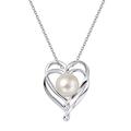 FANCIME 9-10mm Genuine Freshwater Pearl Sterling Silver CZ Solitaire Single Cultured Pearl Double Heart Pendant Necklace June Birthstone Fine Jewellery for Women Girls 16" +2" Extender