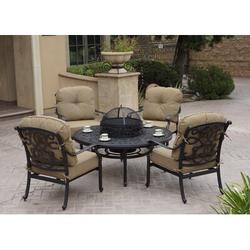 Lark Manor™ Byrge 5-Piece Patio Conversation Set w/ Cushions, 52" Round Ice Bucket Tea Table w/ BBQ & Fire Pit Metal in Brown | Wayfair