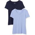 Amazon Essentials Damen Kurzärmeliges T-Shirt mit V-Ausschnitt, Klassischer Schnitt, 2er-Pack, Purpur/Marineblau, L