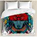 East Urban Home Tribal Indian Warrior Wolf Portrait w/ Mask Feathers Native American Animal Art Duvet Cover Set Microfiber in Red | King | Wayfair