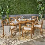 Canora Grey Jim Uhrichsville Outdoor 7 Piece Dining Set w/ Cushions Wood in Brown/White | 30 H x 71 W x 35.5 D in | Wayfair