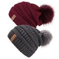 QUEENFUR Women Knit Slouchy Beanie Chunky Baggy Hat with Faux Fur Pompom Winter Soft Warm Ski Cap - - One Size