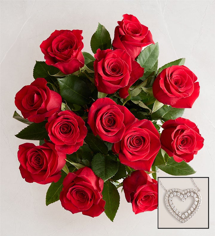 1-800-Flowers Flower Delivery Romantic Red Roses W/ Heart Necklace 12 Stems W/ Necklace