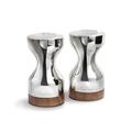 Robert Welch Limbrey Bright Salt & Pepper Shakers Set. Made from 18/10 Stainless Steel. Wooden Base.