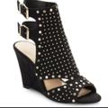 Jessica Simpson Shoes | Black Studded Maack Suede Wedge Sandals Size 8 | Color: Black/Gold | Size: 8