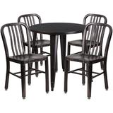 30'' Round Black-Antique Gold Metal Indoor-Outdoor Table Set with 4 Vertical Slat Back Chairs - Flash Furniture CH-51090TH-4-18VRT-BQ-GG