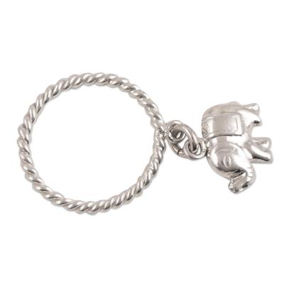 Elephant Rope,'Sterling Silver Band Ring with Elephant Charm from India'