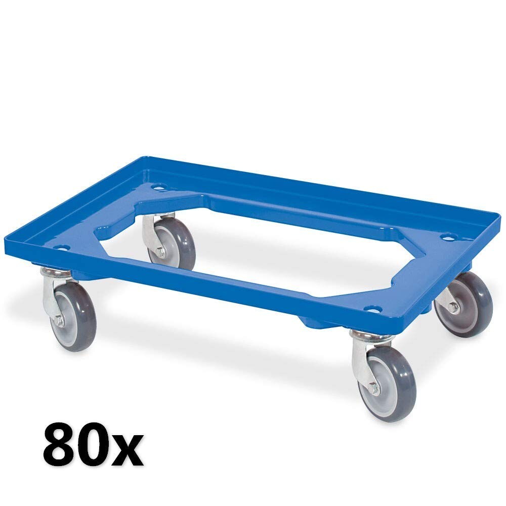 BRB 80x Transportroller für 600 x 400 mm Eurobehälter, blau, 4 Lenkrollen, graue Gummiräder Image