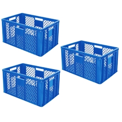BRB 3x Eurobehälter durchbrochen/Stapelkorb, Industriequalität, lebensmittelecht, LxBxH 600 x 400 x 320 mm, blau Image