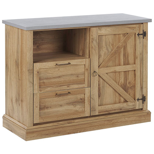 Sideboard hellbraun mit 2 Schubladen Fach und Tür Holzoptik Steinoptik Rustikaler Stil