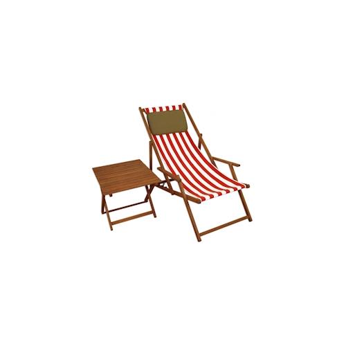 Gartenliege rot-weiß Liegestuhl Tisch Kissen Sonnenliege Deckchair Buche dunkel 10-314 T KD