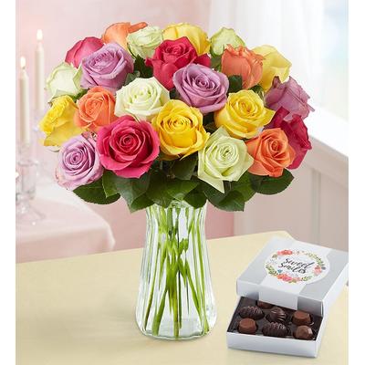 1-800-Flowers Flower Delivery Two Dozen Assorted Roses For Mother's Day W/ Clear Vase & Chocolate