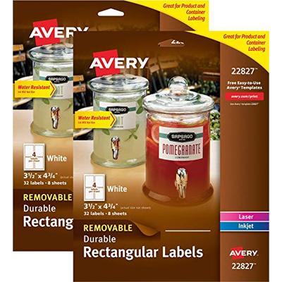 Avery Removable Labels for Laser & Inkjet Printers, 3.5" x 4.75", 32 Water Resistant Labels (2 Pack,