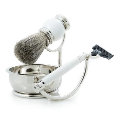 "BEY-BERK ""Mach 3""Razor with Badger Brush and Soap Dish on Chrome Stand and White Enamel Finish"