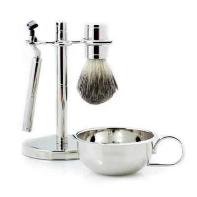 "BEY-BERK ""Mach 3""Razor and Pure Badger Brush with Soap Dish on Chrome Stand"