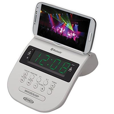 Jensen JCR295W Bluetooth Clock Radio with Cellphone Holder, Black/White