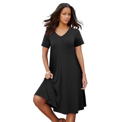 Plus Size Women's UltraSmooth™ Plus Size V-Neck Swing Dress - Soft Knit, Flattering Fit by Roaman's in Black (Size 14/16) Stretch Jersey Short Sleeve