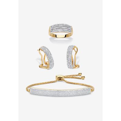 18K Gold-Plated Diamond Accent Demi Hoop Earrings, Ring and Adjustable Bolo Bracelet Set 9" by PalmBeach Jewelry in Gold (Size 6)