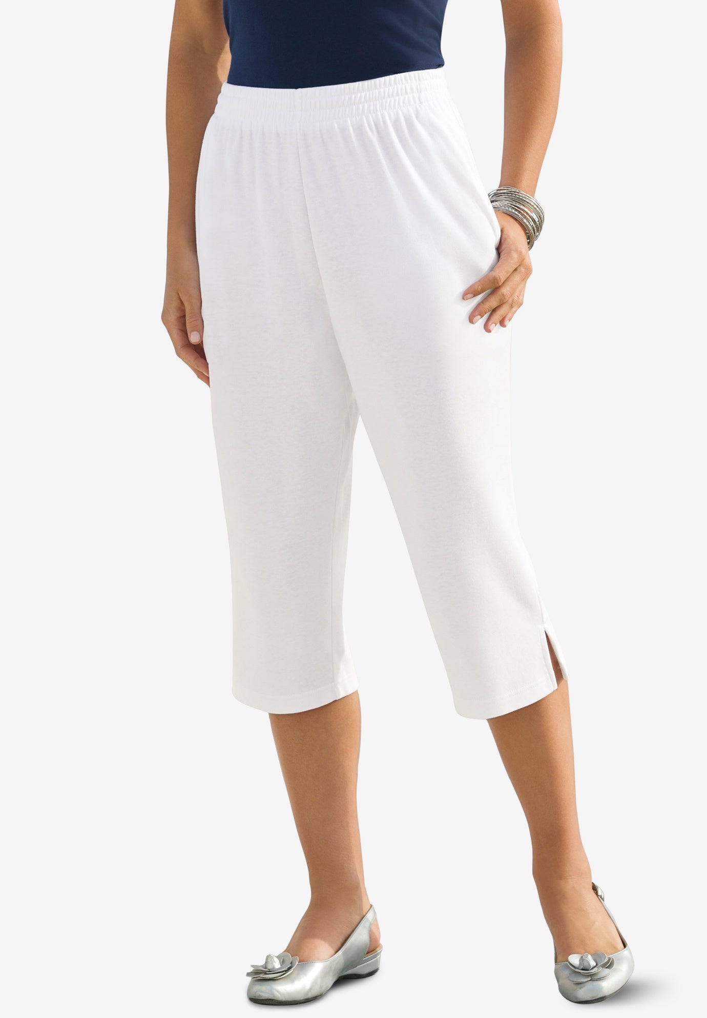 Plus Size Women's Plus Size Soft Knit Pull-On Capri Pant by Roaman's in White (Size 1X) Pull On Elastic Waist