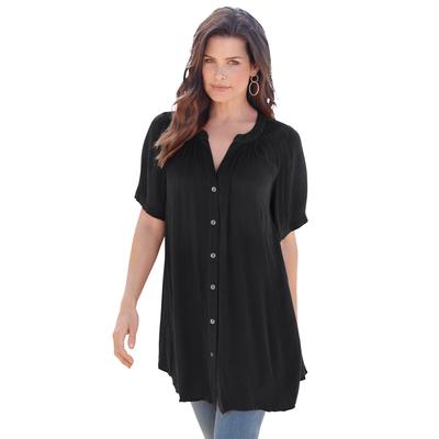 Plus Size Women's Plus Size Angelina Tunic Top - Short Sleeve, Flowy Fit, Everyday Comfort by Roaman's in Black (Size 44 W) Long Button Front Shirt