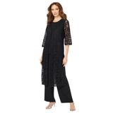 Plus Size Women's Three-Piece Lace Duster & Pant Suit by Roaman's in Black (Size 14 W) Duster, Tank, Formal Evening Wide Leg Trousers