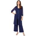 Plus Size Women's Three-Piece Lace & Sequin Duster Pant Set by Roaman's in Navy (Size 44 W) Formal Evening