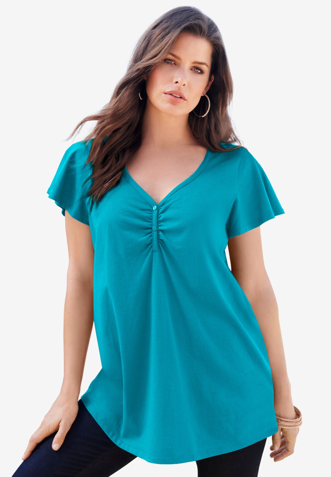 Plus Size Women's Plus Size Cotton Ultimate Flutter Sleeve Sweetheart Tee by Roaman's in Deep Turquoise (Size 26/28) Long T-Shirt Top