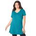 Plus Size Women's Short-Sleeve V-Neck Ultimate Tunic by Roaman's in Deep Turquoise (Size 5X) Long T-Shirt Tee