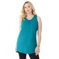 Plus Size Women's Button-Front Henley Ultimate Tunic Tank by Roaman's in Deep Turquoise (Size 4X) Top 100% Cotton Sleeveless Shirt