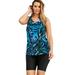 Plus Size Women's Longer-Length Racerback Tankini Top by Swim 365 in Blue Painterly Leaves (Size 22)