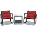 Costway 3 Pcs Wicker Rocking Bistro Set with Glass Coffee Table and Storage Shelf-Red