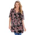 Plus Size Women's Short-Sleeve Angelina Tunic by Roaman's in Black Etched Paisley (Size 28 W) Long Button Front Shirt