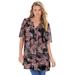 Plus Size Women's Short-Sleeve Angelina Tunic by Roaman's in Black Etched Paisley (Size 22 W) Long Button Front Shirt