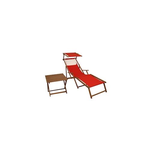 Liegestuhl rot Fußteil Sonnendach Kissen Tisch Gartenliege Holz Sonnenliege Buche 10-308FSTKH