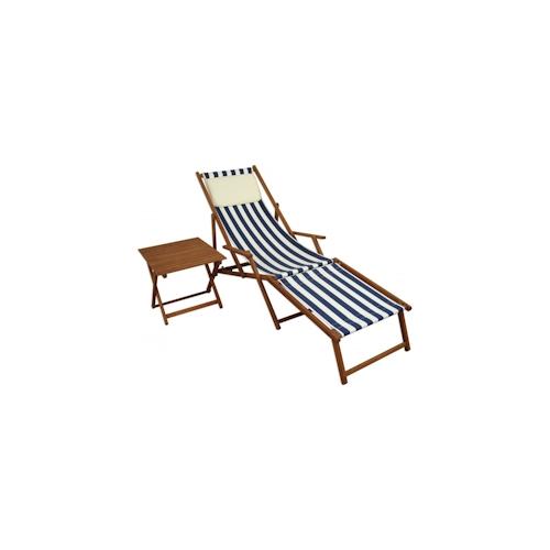 Gartenliege blau-weiß Fußteil Tisch Kissen Deckchair Holz Liegestuhl Sonnenliege 10-317 F T KH