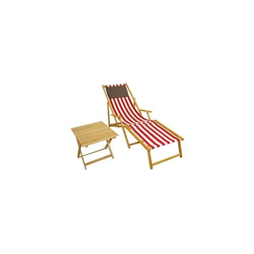 Liegestuhl rot-weiß Gartenliege Strandliege Buche natur Fußteil Tisch Kissen 10-314 N F T KD