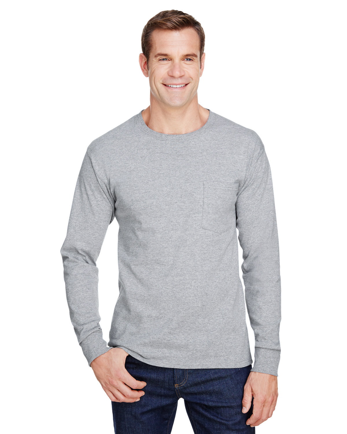 Hanes W120 Adult Workwear Long-Sleeve Pocket T-Shirt in Light Steel size 4XL | Cotton/Polyester Blend