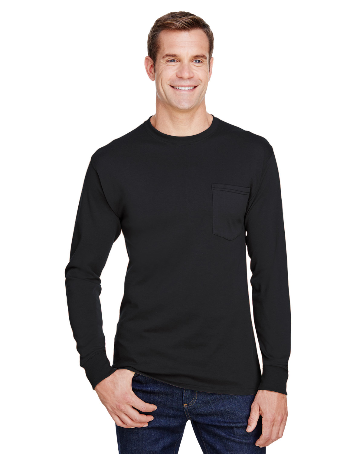 Hanes W120 Adult Workwear Long-Sleeve Pocket T-Shirt in Black size 4XL | Cotton/Polyester Blend