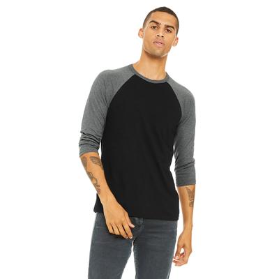 Bella + Canvas 3200 3/4-Sleeve Baseball T-Shirt in Black/Deep Heather size Small | Triblend B3200, BC3200