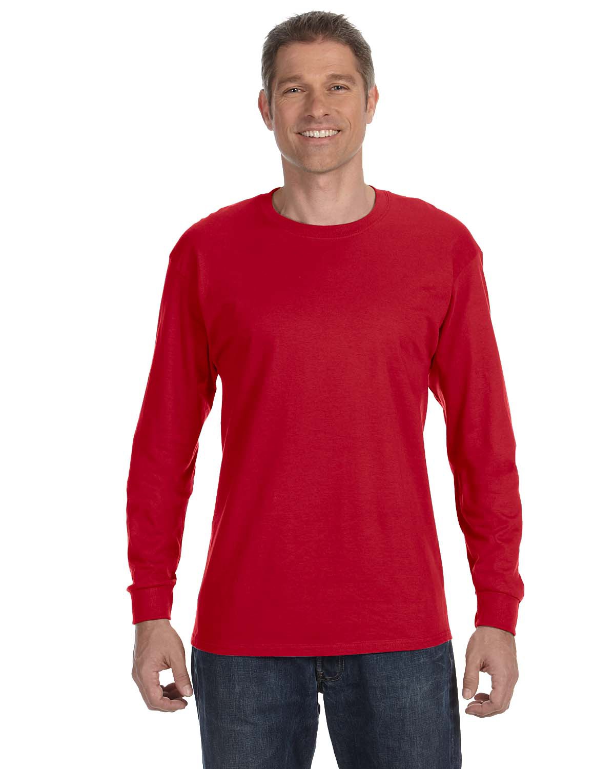 Hanes 5586 Authentic-T Cotton Long Sleeve T-Shirt in Deep Red size XL