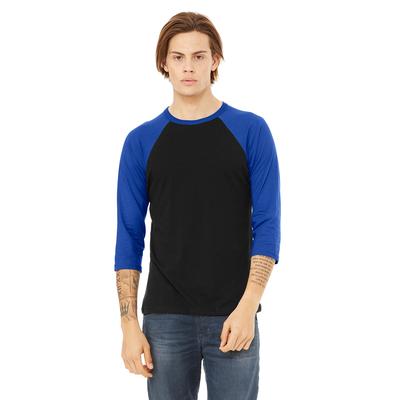 Bella + Canvas 3200 3/4-Sleeve Baseball T-Shirt in Black/True Royal Blue size Large | Triblend B3200, BC3200